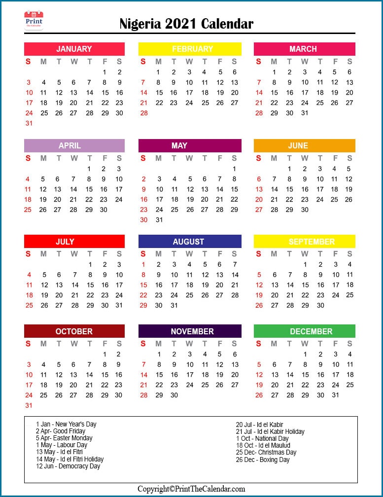 Nigeria Printable Calendar 2021